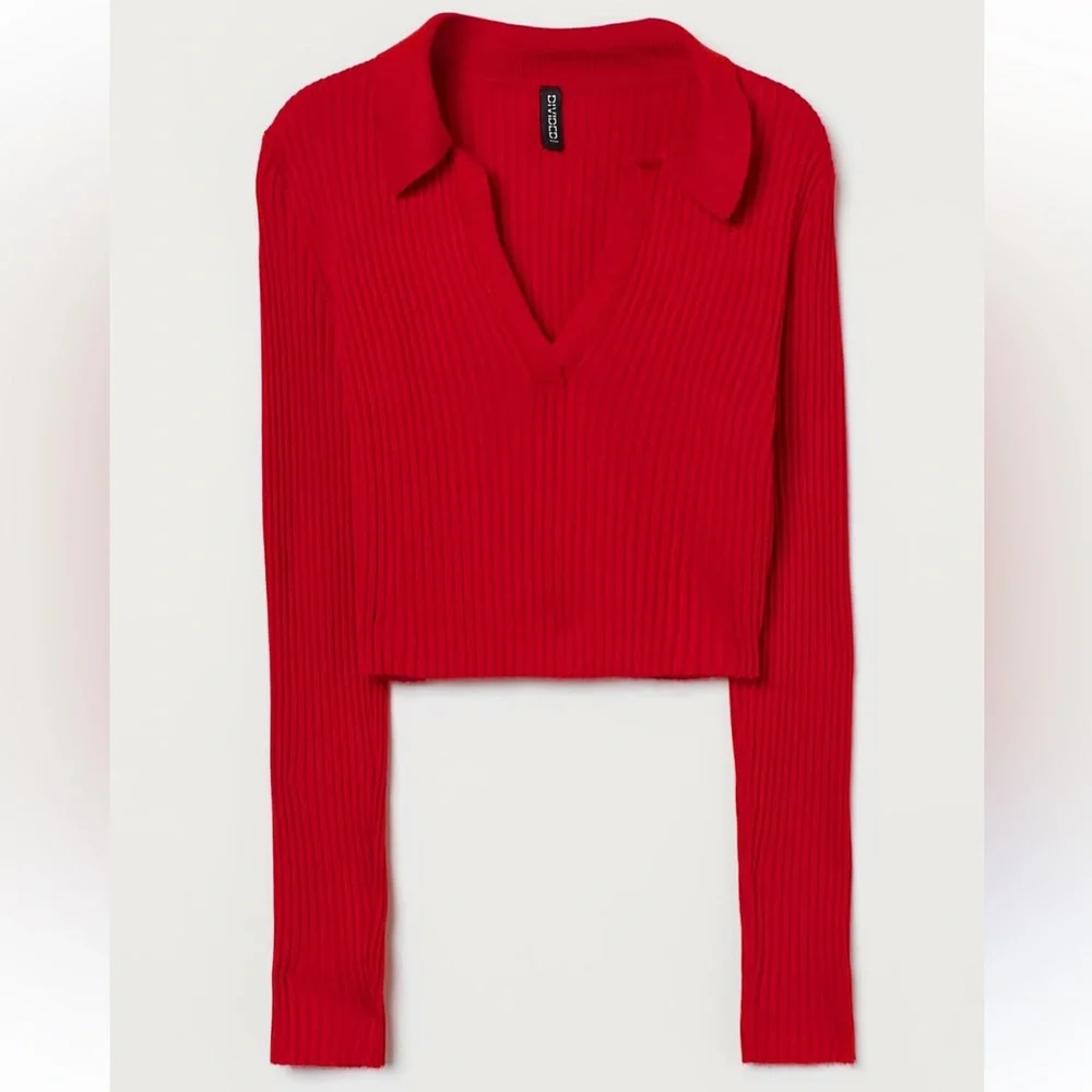 H&M Red Ribbed Long Sleeve Collared Top - Picture 1 of 1
